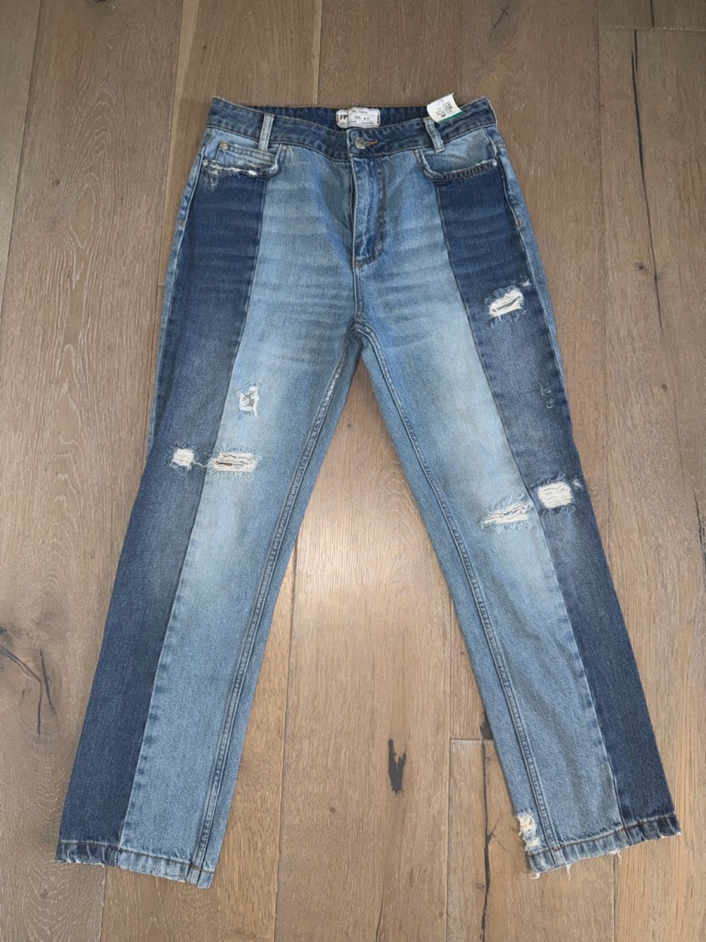 Free People Two-Tone Patchwork Ankle Jeans - Light & Dark Blue